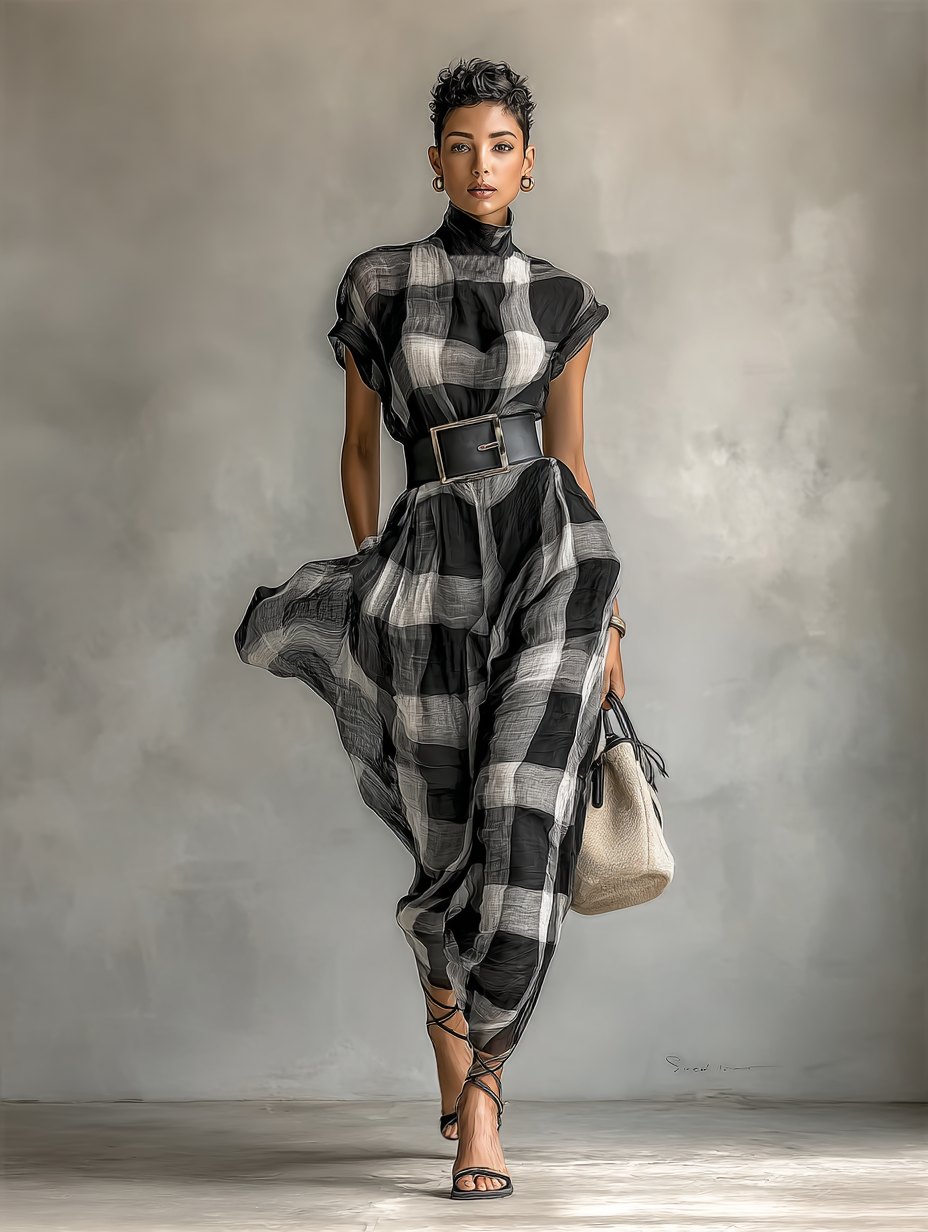 Célestelle™ | Robe maxi en chiffon à carreaux