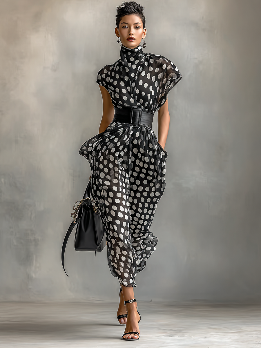 Célestelle™ | Robe maxi à pois en chiffon col montant