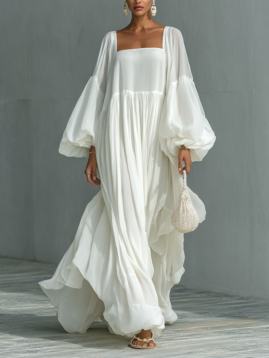 Célestelle™ | Robe maxi plissée à manches lanterne