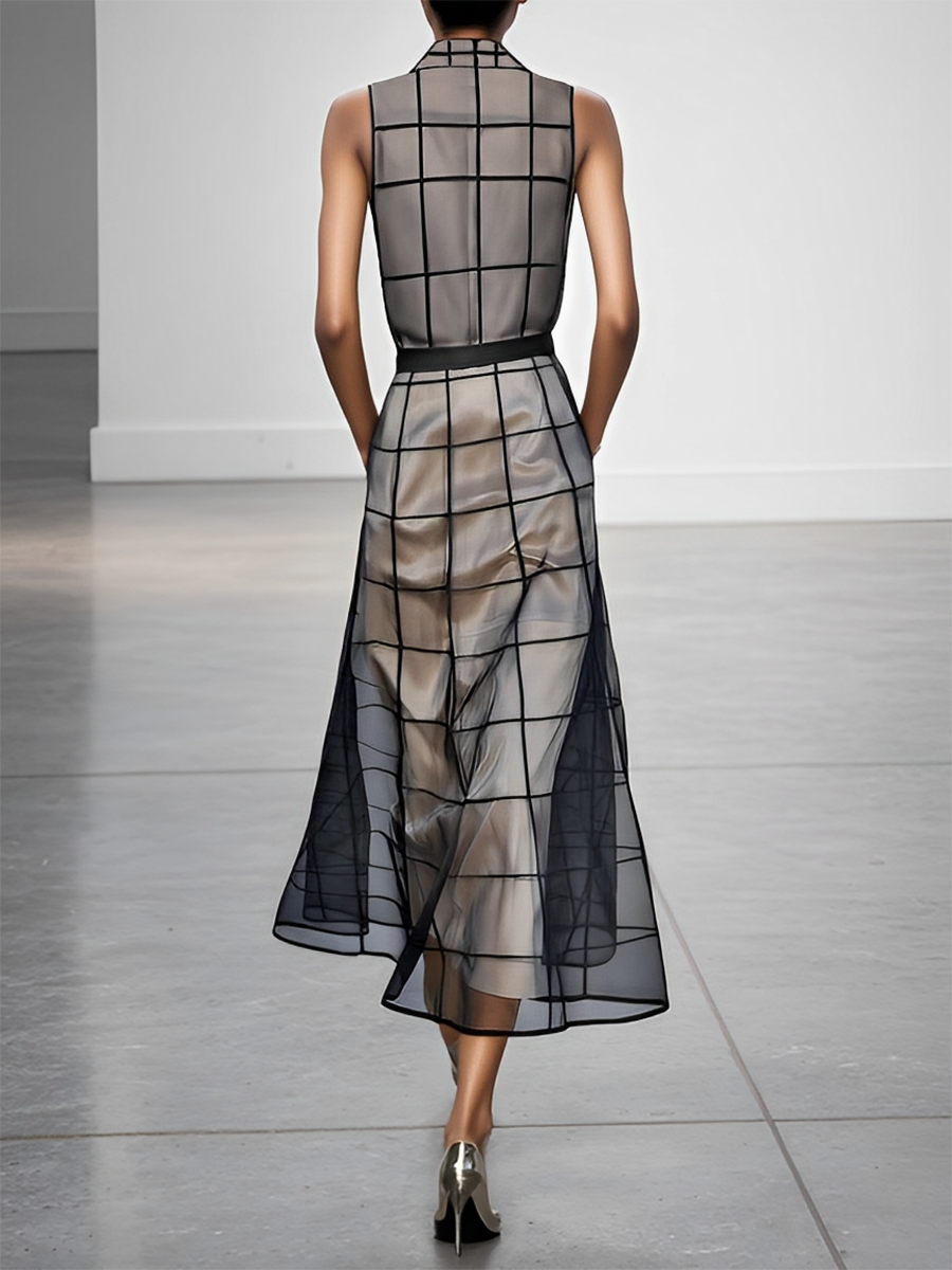 Célestelle™ | Robe maxi sans manches en tulle à carreaux