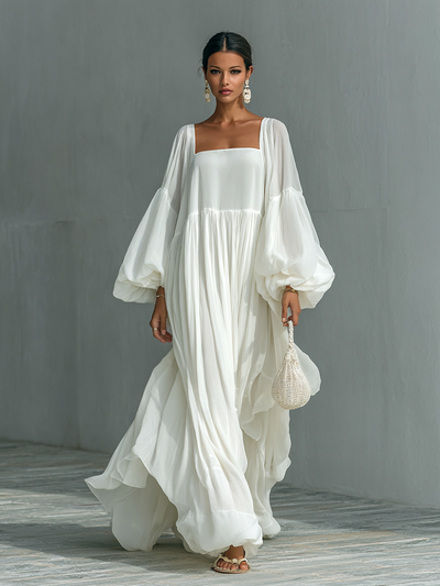Célestelle™ | Robe maxi plissée à manches lanterne