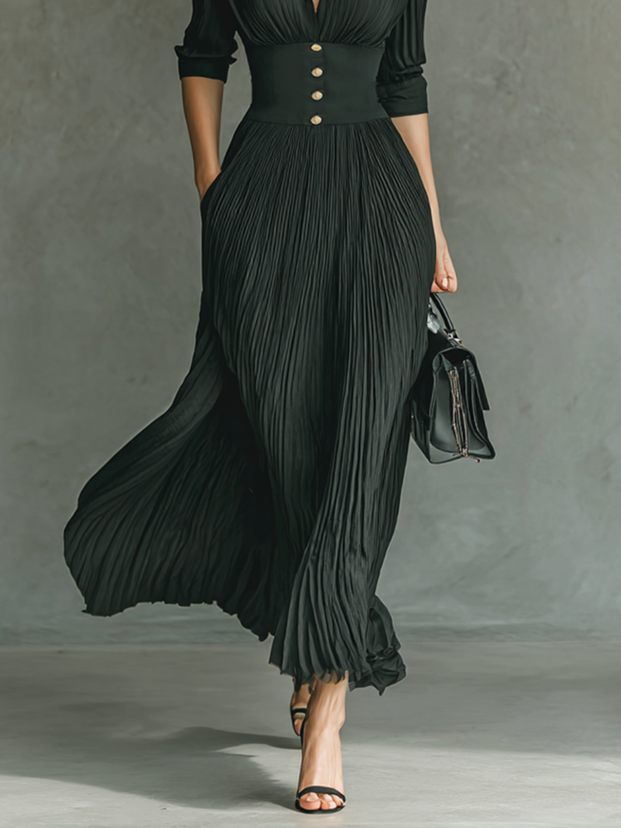 Célestelle™ | Robe maxi plissée à col tailleur