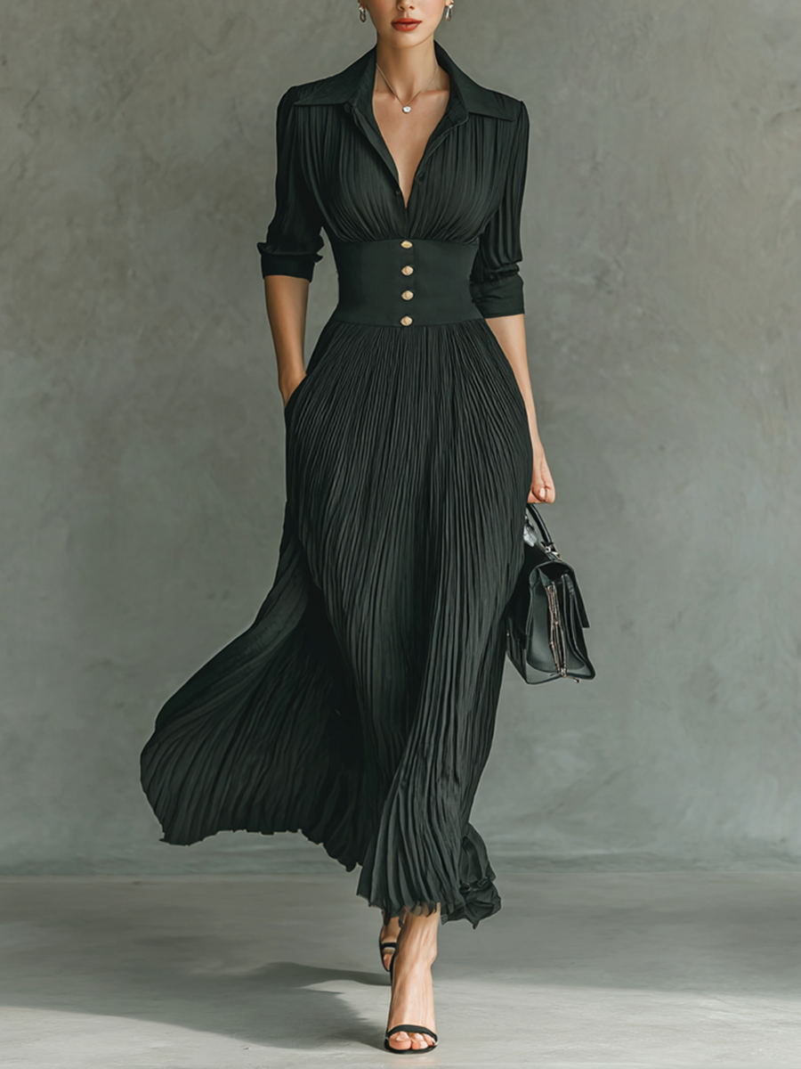 Célestelle™ | Robe maxi plissée à col tailleur