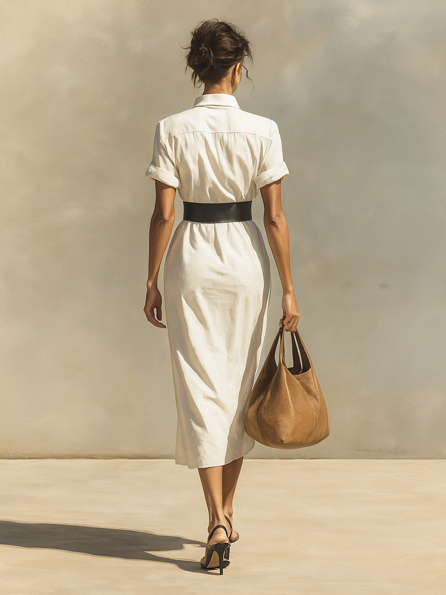 Célestelle™ | Robe chemisier midi avec col et ceinture