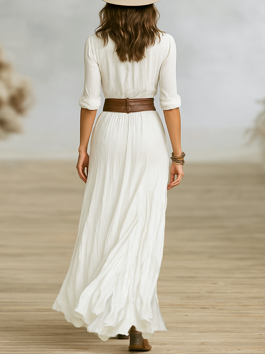 Célestelle™ | Robe maxi coton-lin à col tailleur