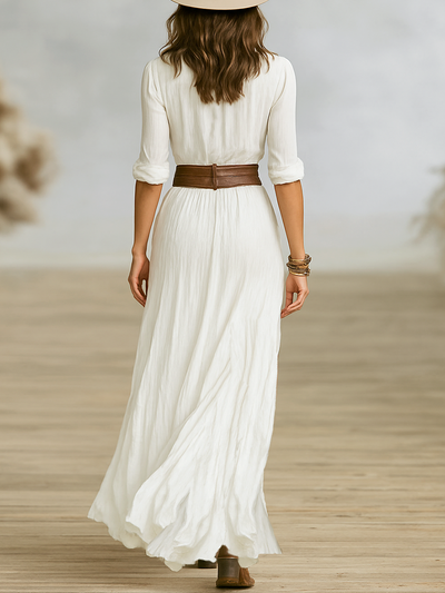 Célestelle™ | Robe maxi coton-lin à col tailleur