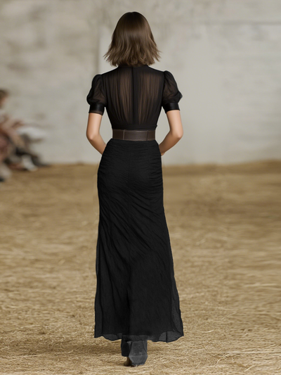 Célestelle™ | Robe maxi plissée en chiffon col tailleur