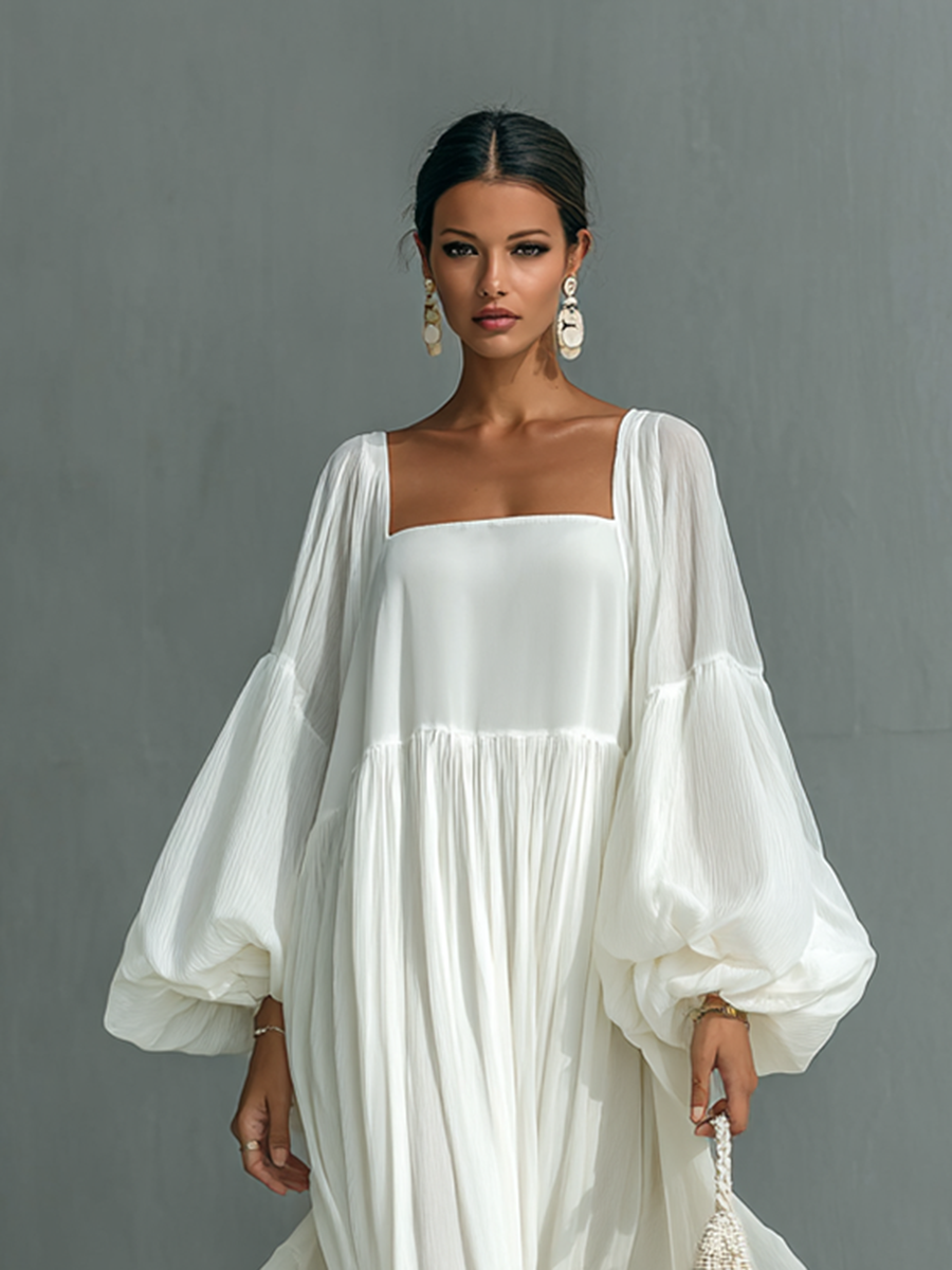 Célestelle™ | Robe maxi plissée à manches lanterne