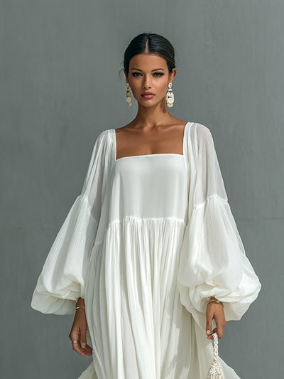 Célestelle™ | Robe maxi plissée à manches lanterne