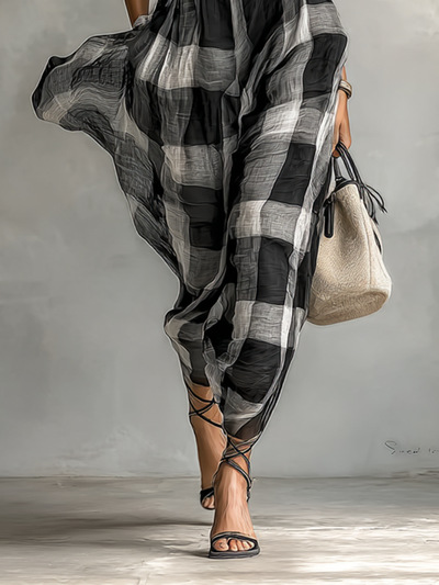 Célestelle™ | Robe maxi en chiffon à carreaux