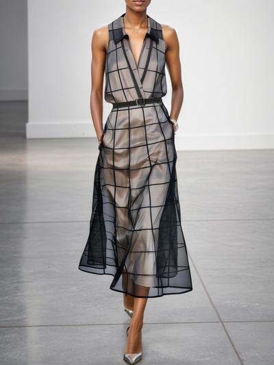Célestelle™ | Robe maxi sans manches en tulle à carreaux