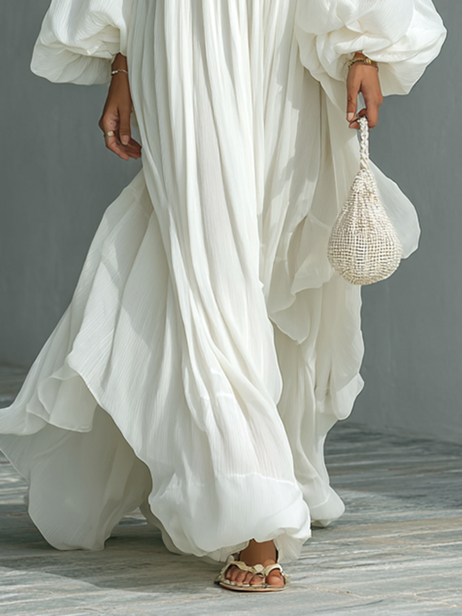 Célestelle™ | Robe maxi plissée à manches lanterne
