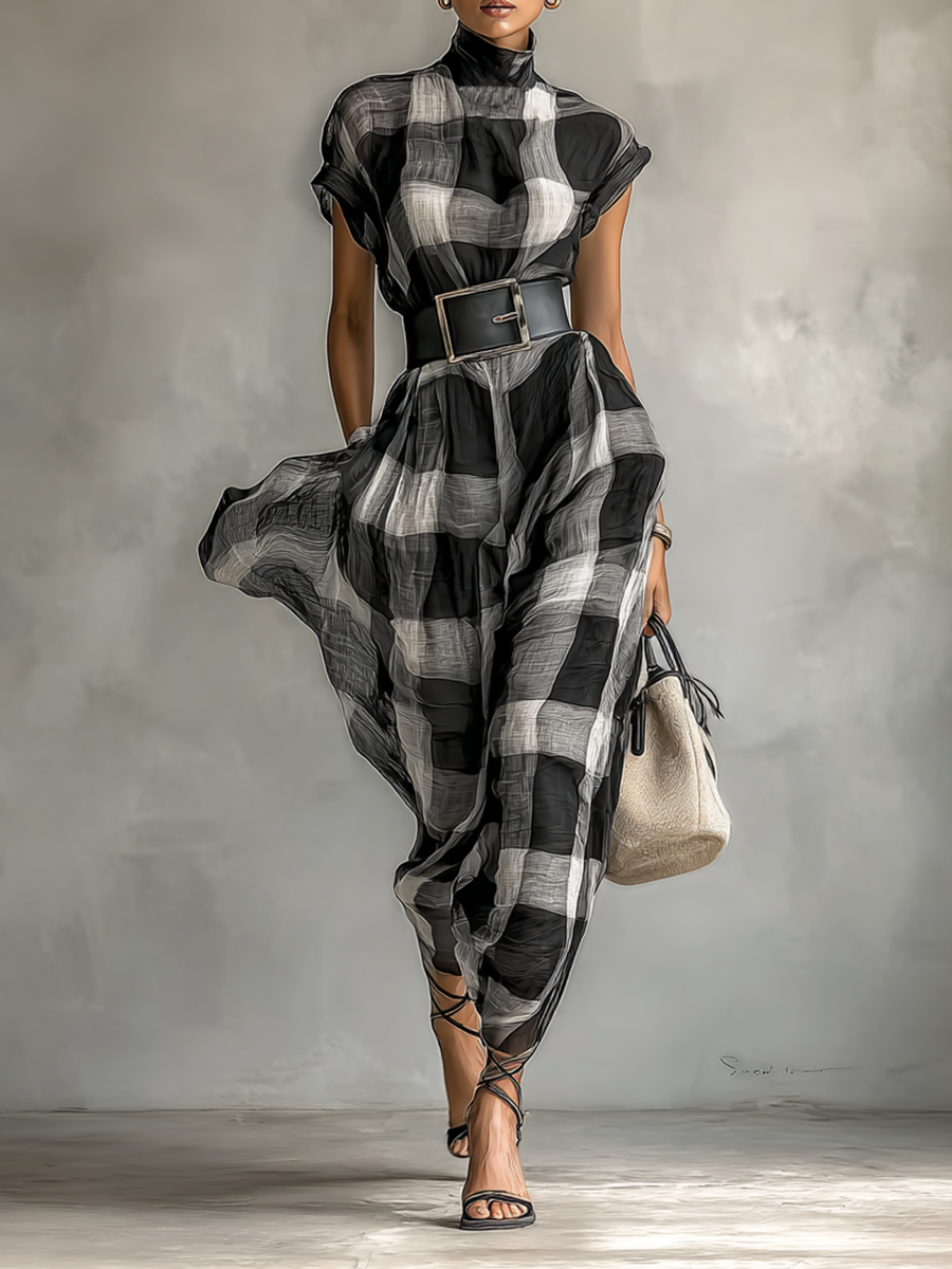 Célestelle™ | Robe maxi en chiffon à carreaux