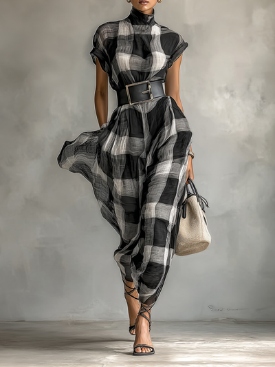 Célestelle™ | Robe maxi en chiffon à carreaux