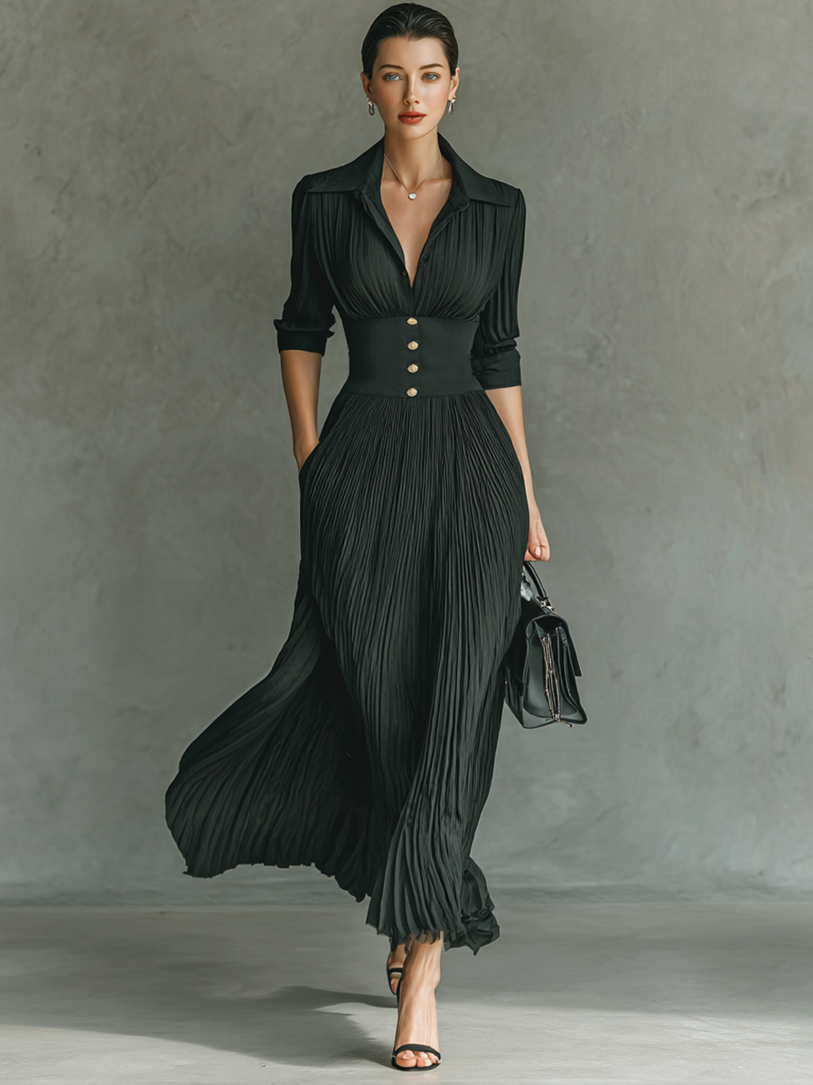 Célestelle™ | Robe maxi plissée à col tailleur