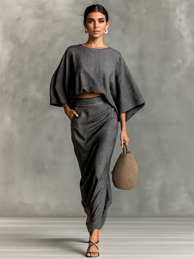 Célestelle™ | Ensemble deux pièces coton-lin manches chauve-souris